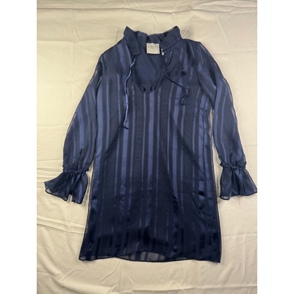 L'Academie Dress Womens Size XS Mini Mock Neck Blue Stripe Long Ruffle Sleeve